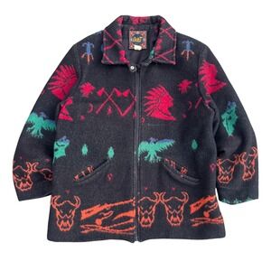 Vintage Circle T Mens Southwestern Wool Blend Full Zip Jacket Black Red XL